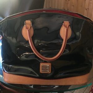Dooney & Bourke Black Patent Satchel with Tan Trim